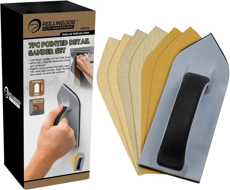 Rolling Dog 7 PCS Detail Sander Kit - 7.7” x 3”Hand Sander With 6PC Sandpaper for Drywall, Wood, and Metal Sanding (80,120,240 grit) - Image 1